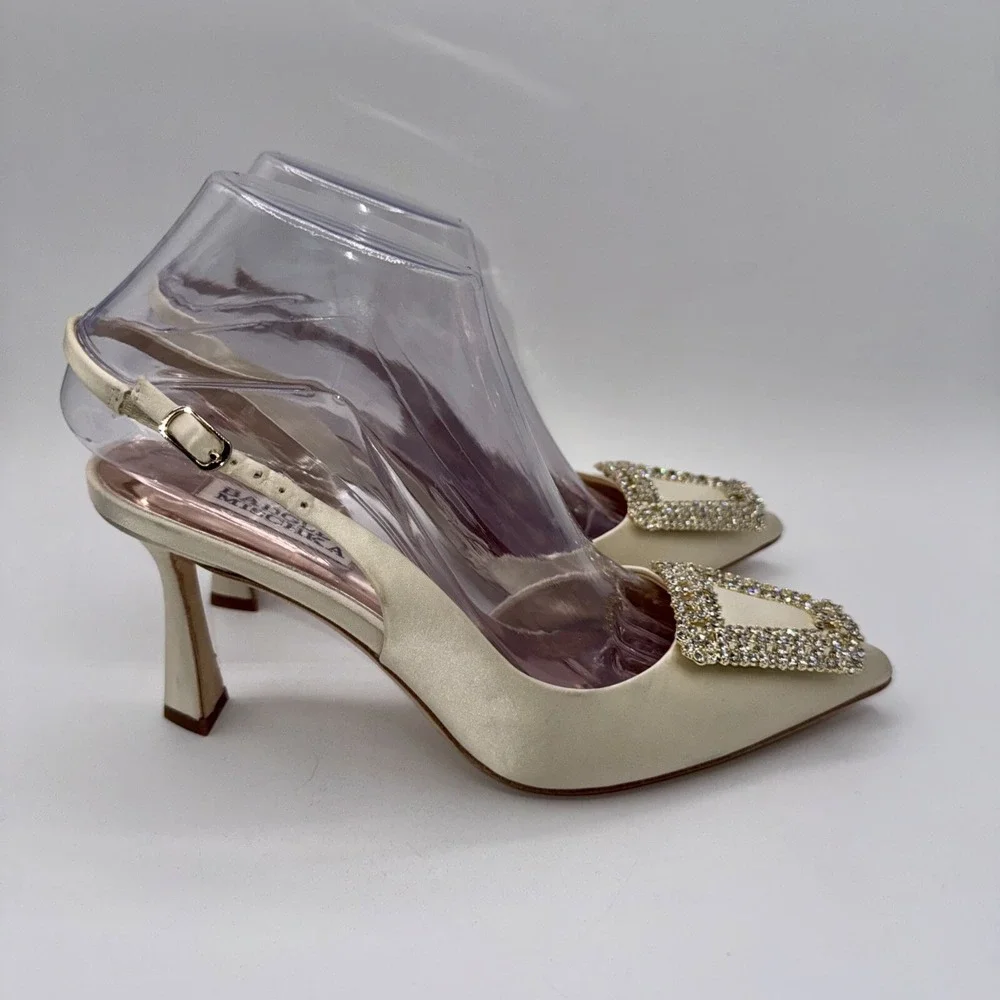 Badgley Mischka Enida Rhinestone Slingback Heels Women's Size 6‎ Champagne Satin
